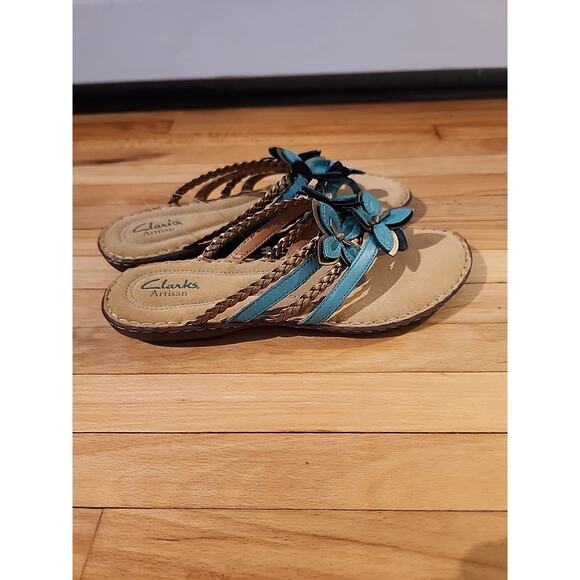 Clarks Artisan Sandals Womens Size 7.5M Thong Wedge Teal Leather Comfort - Picture 3 of 5